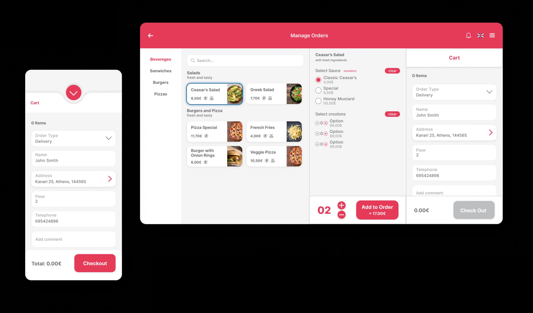 Quickord menu interface showing food categories, items, and ordering options