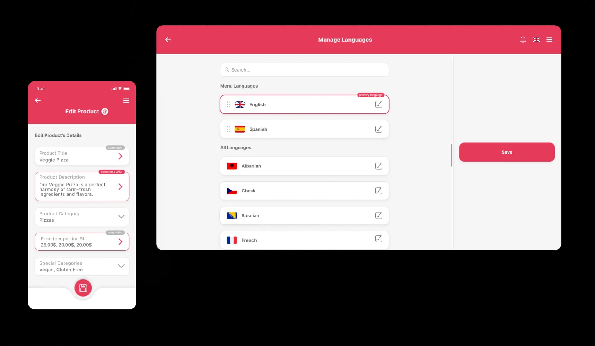 Quickord menu interface showing food categories, items, and ordering options