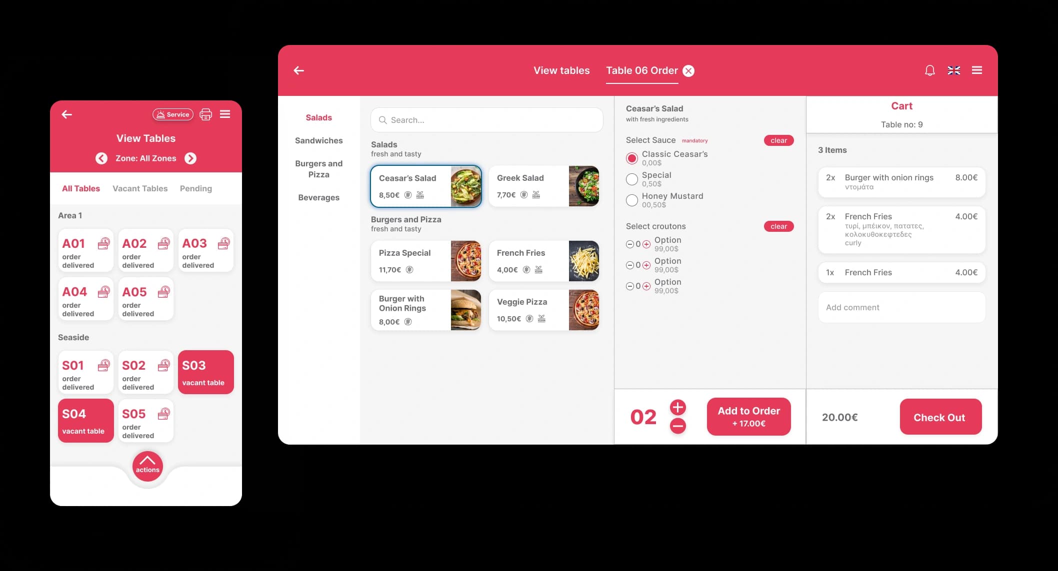 Quickord restaurant interface showing table management and menu ordering system