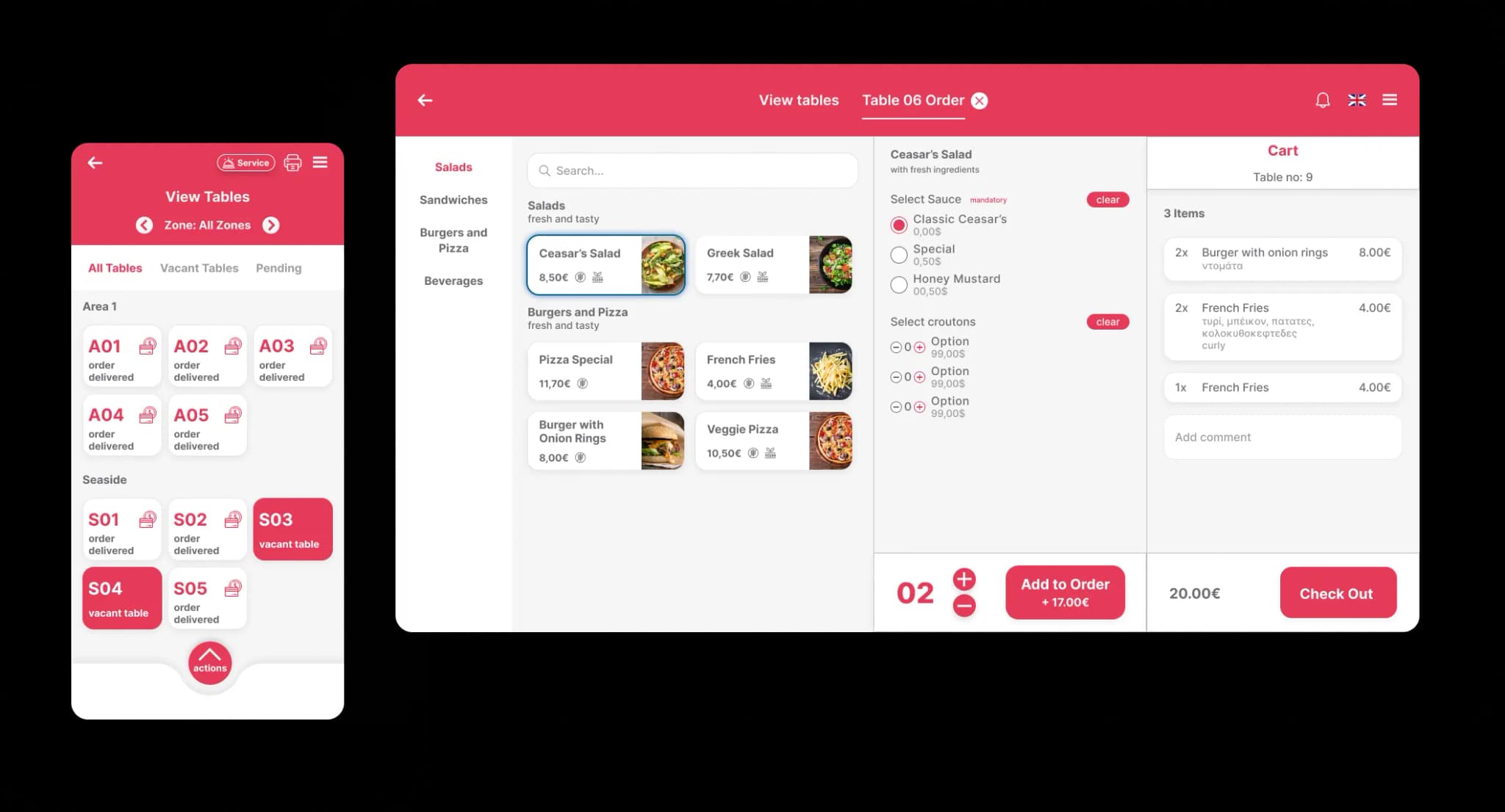 Quickord menu interface showing food categories, items, and ordering options