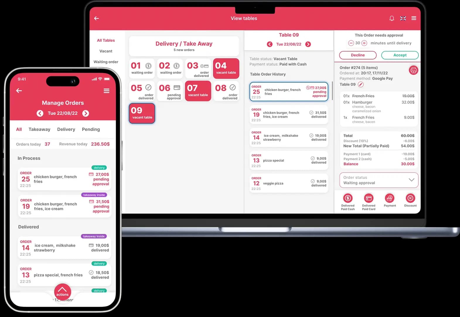 Οθόνες παραγγελιών delivery και takeaway του Quickord σε laptop και κινητό, με παραγγελίες προς έγκριση, σε εξέλιξη και παραδομένες